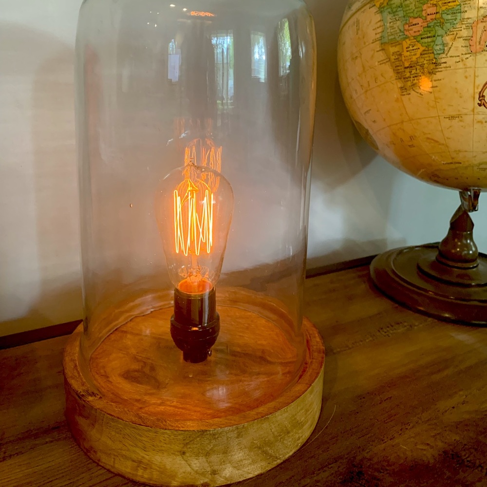 Edison bulb cloche lamp with wood base